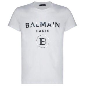 Balmain Silver Logo Short Sleeve Tee Shirt Size L in Off-white 100% Cotton